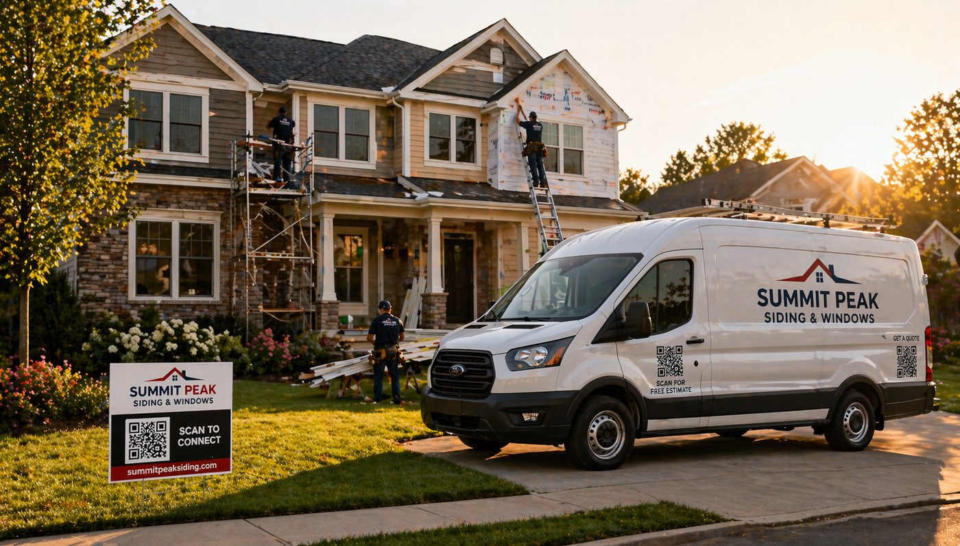 Siding crew on job with van and QR sign