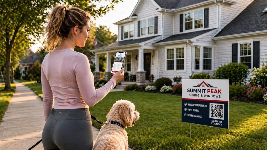 Woman scanning QR yard sign with Goldendoodle